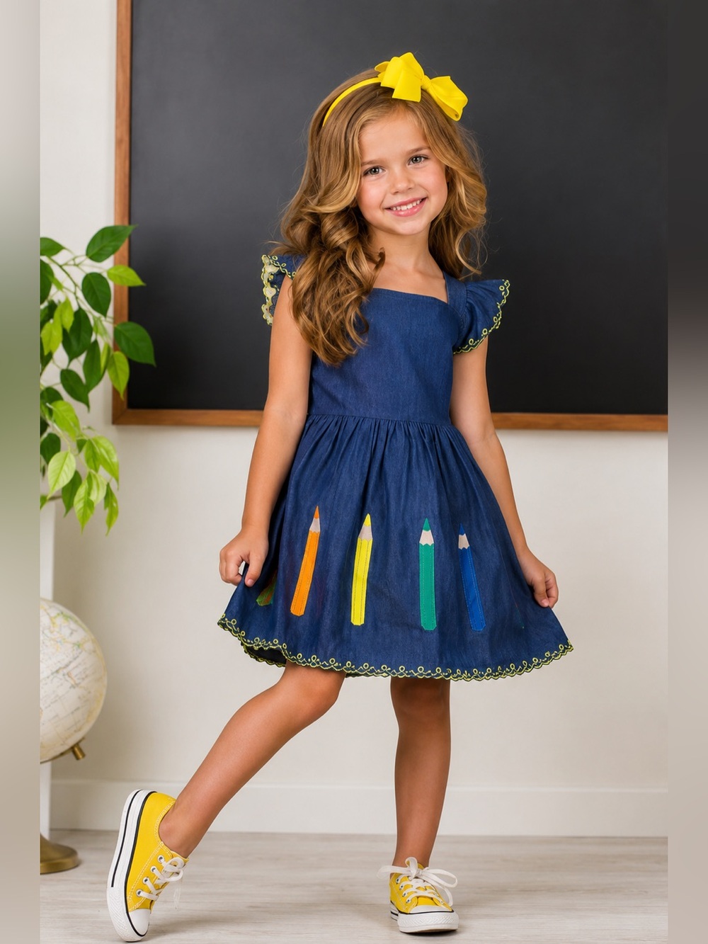Mia Belle Girls Pencil Me Pretty Embroidered Denim Back-to-School Dress 10/12